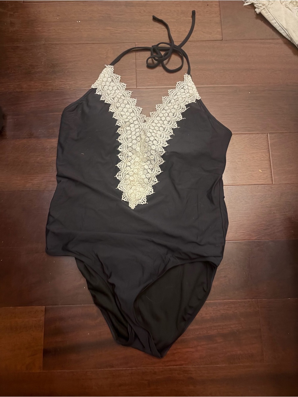 Black Halter One-Piece Swimsuit with Cream Lace V-Plunge